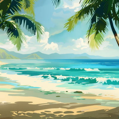 Illustration of a sunny beach with palm trees, clear blue skies, turquoise sea with waves, and distant mountains.