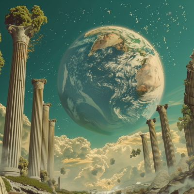 A surreal image depicting an oversized Earth globe floating above ancient column ruins under a serene, cloud-filled sky.