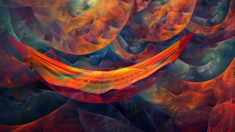 An abstract digital art piece featuring a vibrant orange hammock suspended within swirling patterns of warm-colored fractals.