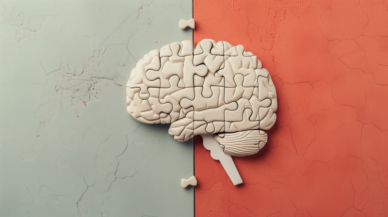 Illustration of a human brain shaped as a jigsaw puzzle on a dual-colored background, symbolizing problem-solving or cognitive processes.