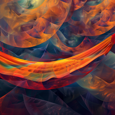 An abstract digital art piece featuring a vibrant orange hammock suspended within swirling patterns of warm-colored fractals.