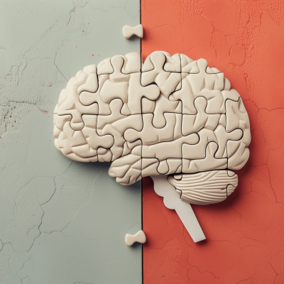 Illustration of a human brain shaped as a jigsaw puzzle on a dual-colored background, symbolizing problem-solving or cognitive processes.