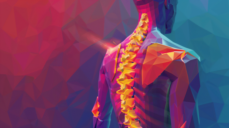 Abstract digital illustration of a human back with a highlighted section along the spine indicating back pain.