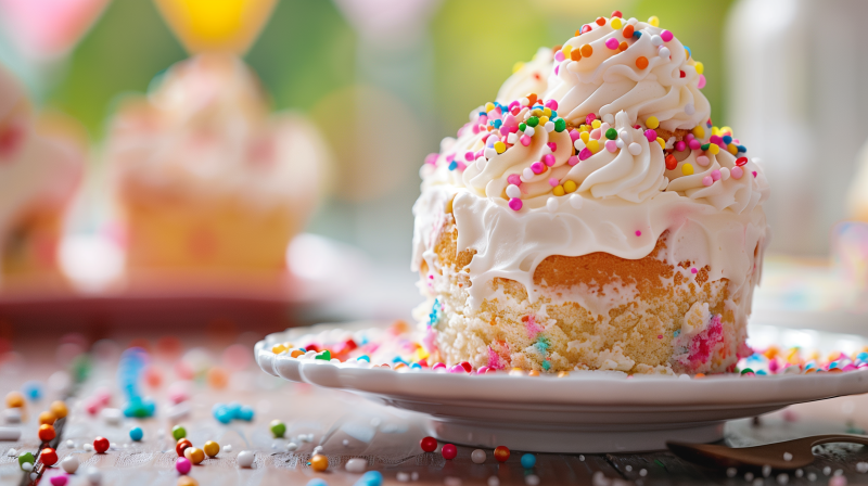 A vibrant cupcake with white frosting and colorful sprinkles on a plate, set against a softly blurred background.