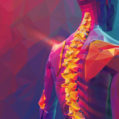 Abstract digital illustration of a human back with a highlighted section along the spine indicating back pain.