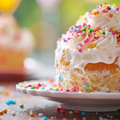 A vibrant cupcake with white frosting and colorful sprinkles on a plate, set against a softly blurred background.