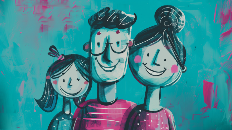 An illustration of a cheerful family, featuring an adult and two children with smiling faces in shades of blue and pink.