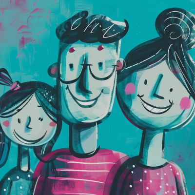 An illustration of a cheerful family, featuring an adult and two children with smiling faces in shades of blue and pink.