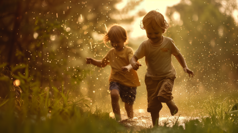 Two children playing and splashing in water, backlit by a warm, glowing light, suggesting a sunset or sunrise.