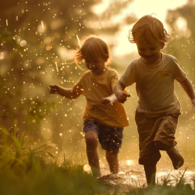 Two children playing and splashing in water, backlit by a warm, glowing light, suggesting a sunset or sunrise.