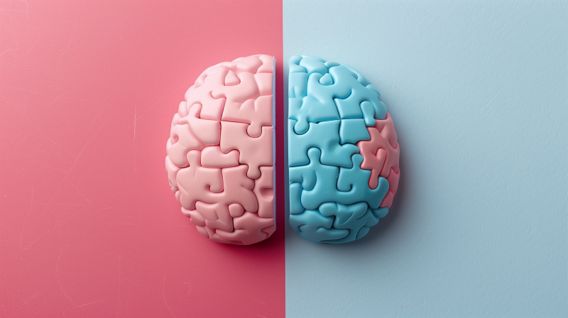 Two halves of a brain puzzle, one in pink and the other in blue, against a dual-tone background.