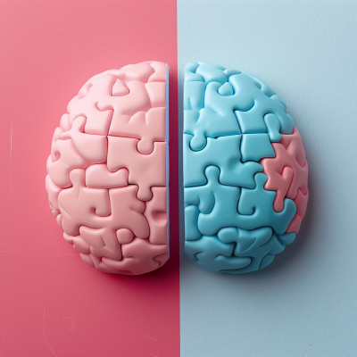 Two halves of a brain puzzle, one in pink and the other in blue, against a dual-tone background.