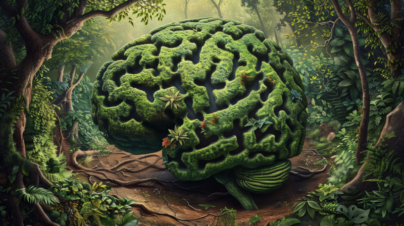 An artistic representation of a human brain shaped as a green hedge maze set in a forest environment.