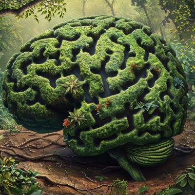 An artistic representation of a human brain shaped as a green hedge maze set in a forest environment.