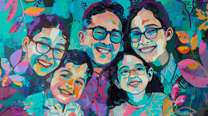 A vibrant painting of a happy family with smiling faces, depicted in bright, colorful brushstrokes.