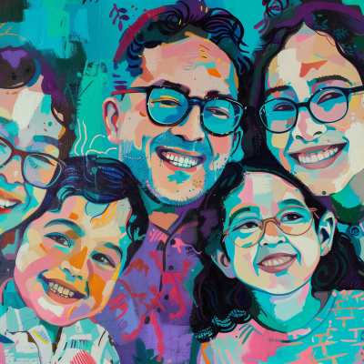 A vibrant painting of a happy family with smiling faces, depicted in bright, colorful brushstrokes.