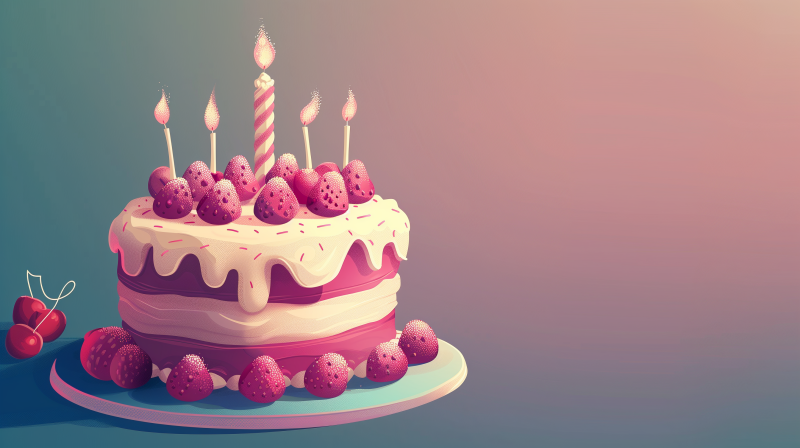 A stylized illustration of a birthday cake adorned with strawberries and lit candles on a pastel background.