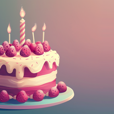 A stylized illustration of a birthday cake adorned with strawberries and lit candles on a pastel background.