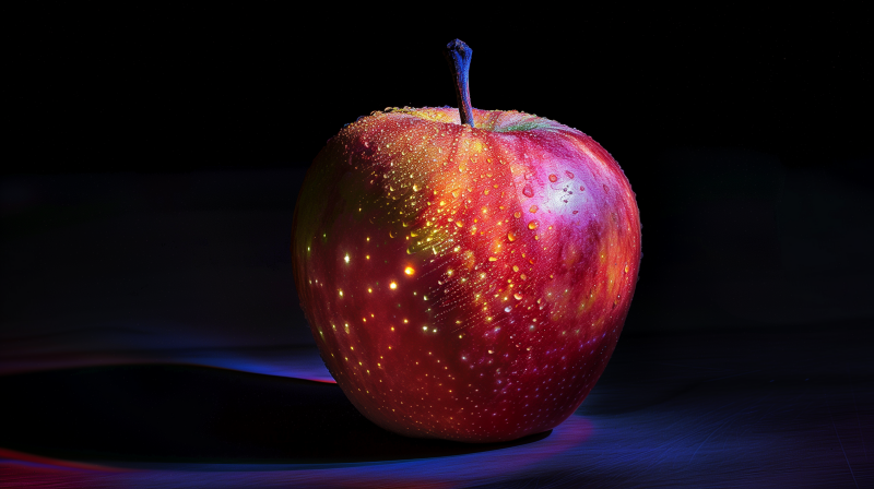 A fresh, juicy red apple with water droplets on its surface, illuminated against a dark background.