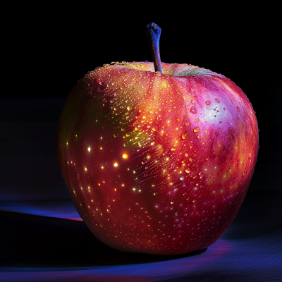 A fresh, juicy red apple with water droplets on its surface, illuminated against a dark background.