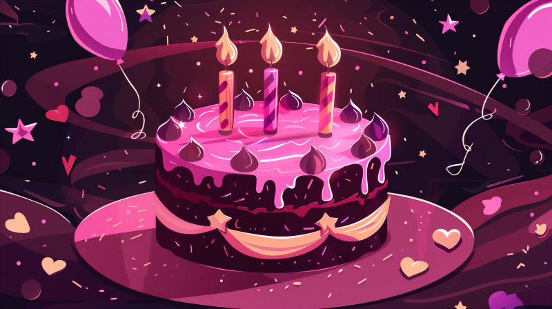 Illustration of a two-layer birthday cake with pink icing, dripping chocolate ganache, a decorative ribbon, and four lit candles, against a festive background with stars and balloons.