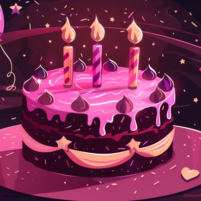 Illustration of a two-layer birthday cake with pink icing, dripping chocolate ganache, a decorative ribbon, and four lit candles, against a festive background with stars and balloons.