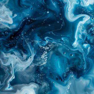 Abstract image featuring swirls of blue and white reminiscent of liquid in motion, with hints of bubbles and a marbled appearance.