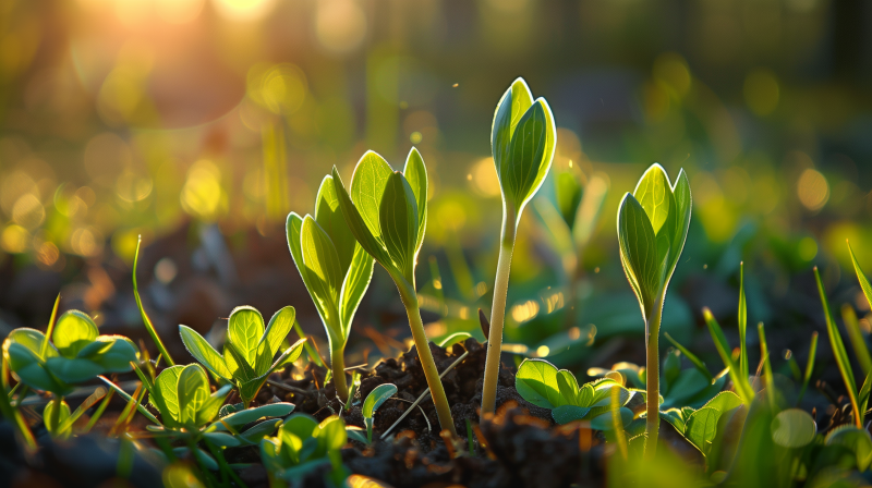 Close-up of small green sprouts emerging from the soil with sunlight casting a warm glow in the background. The scene captures the freshness and vitality of new plant growth in nature.