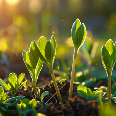 Close-up of small green sprouts emerging from the soil with sunlight casting a warm glow in the background. The scene captures the freshness and vitality of new plant growth in nature.