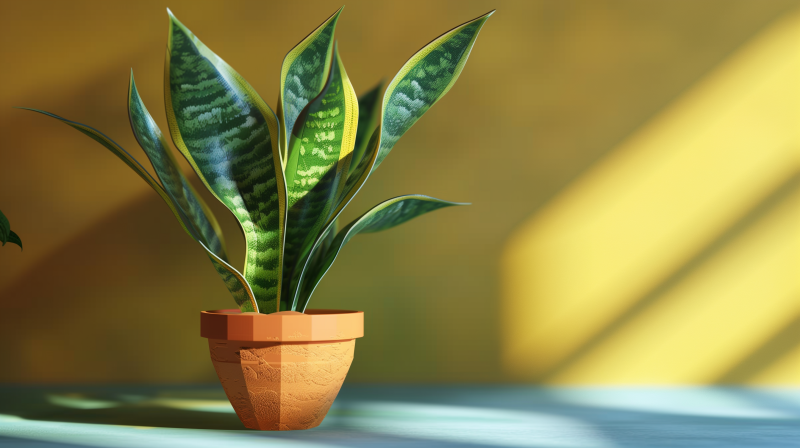 A snake plant in a terracotta pot with a soft shadow against a yellow background.