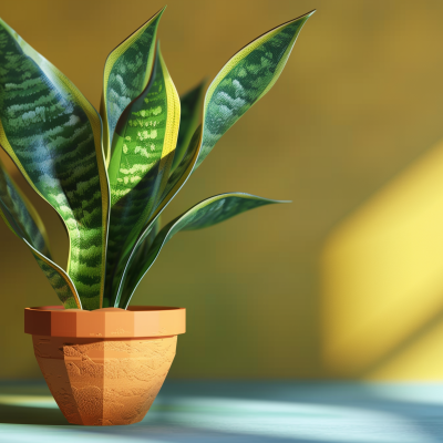 A snake plant in a terracotta pot with a soft shadow against a yellow background.