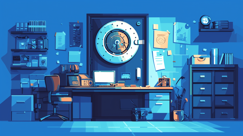 An illustrated image of an office with a large vault door on the back wall, surrounded by various security devices and office equipment.