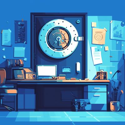 An illustrated image of an office with a large vault door on the back wall, surrounded by various security devices and office equipment.