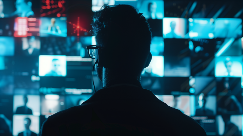 Silhouetted individual facing a bank of screens with glowing cybersecurity-related images, conveying a theme of high-tech security monitoring.