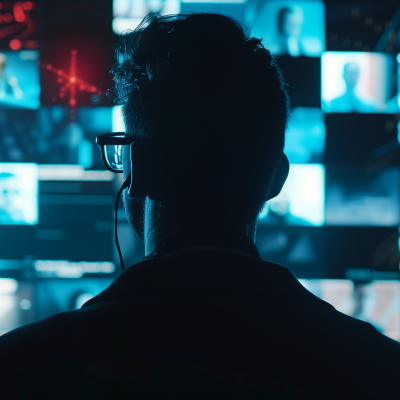 Silhouetted individual facing a bank of screens with glowing cybersecurity-related images, conveying a theme of high-tech security monitoring.