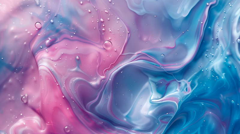 Abstract image of flowing liquid in shades of pink and blue with bubbles and a swirl effect.