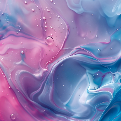 Abstract image of flowing liquid in shades of pink and blue with bubbles and a swirl effect.