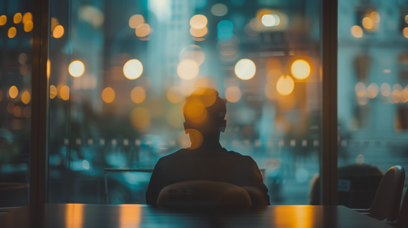 A man silhouetted against a window overlooking a city at night, with blurred lights in the background, sitting at a desk in an office environment.