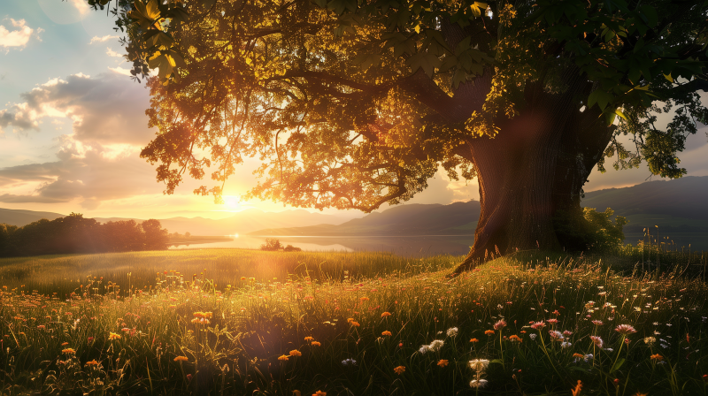 A serene sunrise over a field with the warm light filtering through the leaves of a large tree, highlighting the presence of wildflowers.