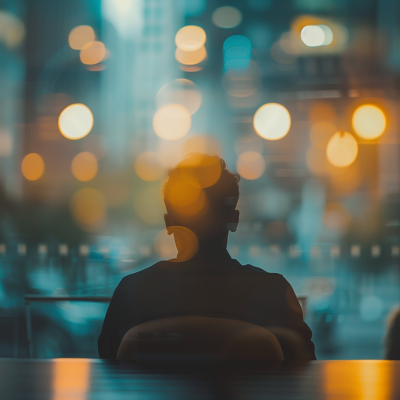 A man silhouetted against a window overlooking a city at night, with blurred lights in the background, sitting at a desk in an office environment.