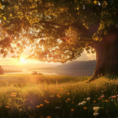 A serene sunrise over a field with the warm light filtering through the leaves of a large tree, highlighting the presence of wildflowers.