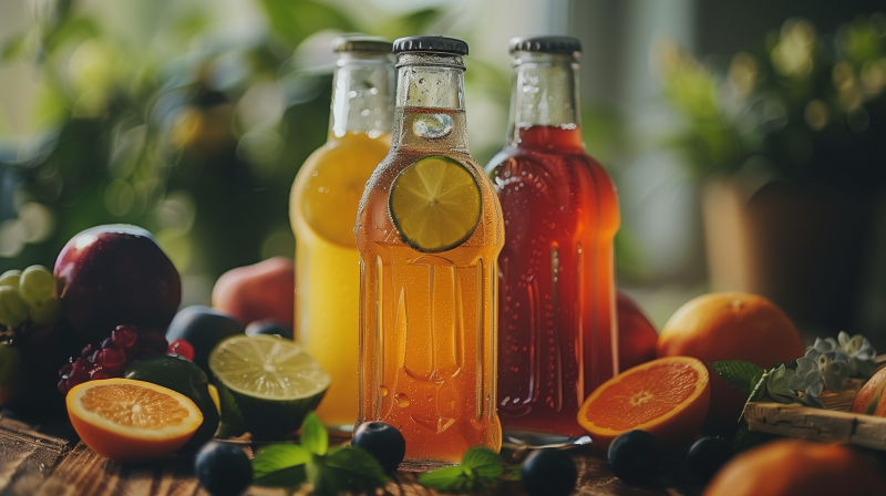 Three colorful bottles of fruit soda with condensation, surrounded by fresh fruits like limes, oranges, and berries.