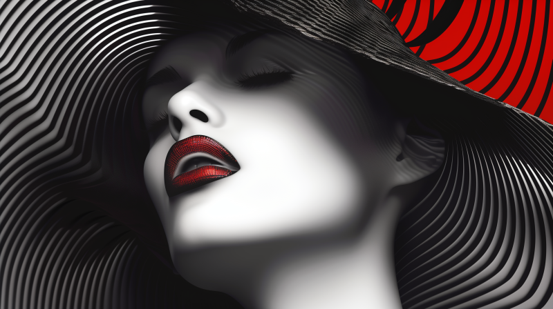 A stylized black and white image of a woman's face with red lipstick and a dark hat, casting a shadow over her eyes.