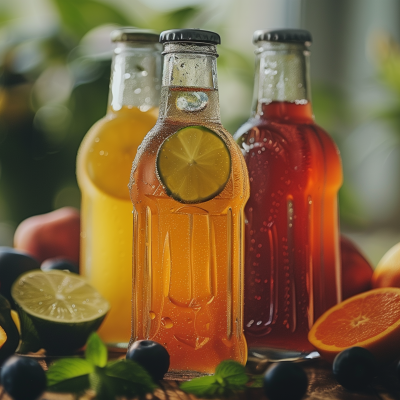 Three colorful bottles of fruit soda with condensation, surrounded by fresh fruits like limes, oranges, and berries.