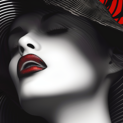 A stylized black and white image of a woman's face with red lipstick and a dark hat, casting a shadow over her eyes.