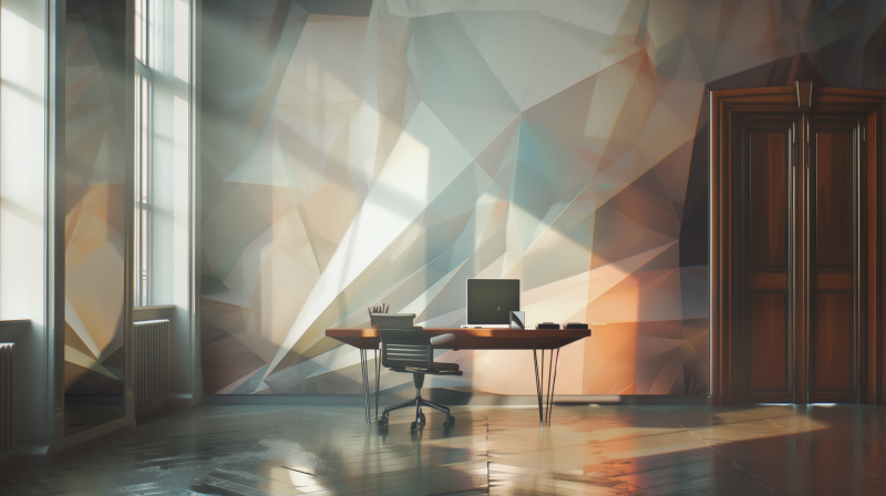 A home office with a stylish desk and chair against an abstract geometric patterned wall, illuminated by warm light.