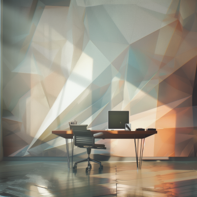 A home office with a stylish desk and chair against an abstract geometric patterned wall, illuminated by warm light.