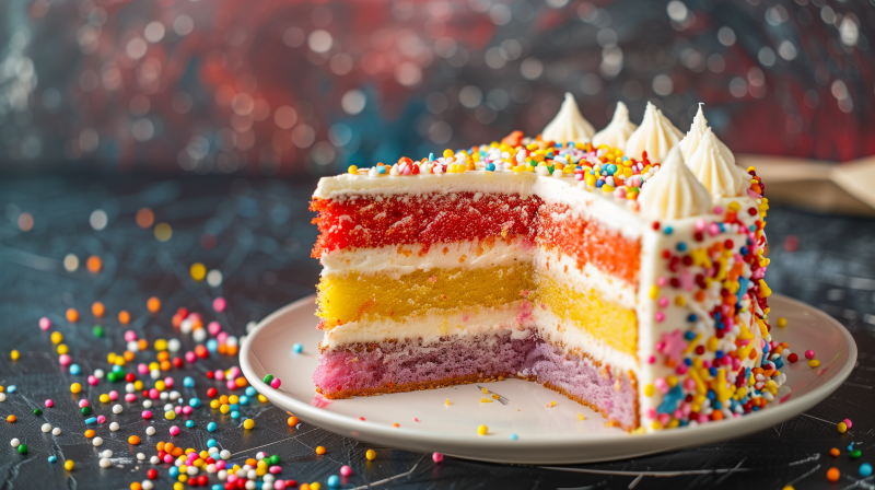 A slice of colorful rainbow cake with sprinkles on a plate, indicative of a festive dessert atmosphere.