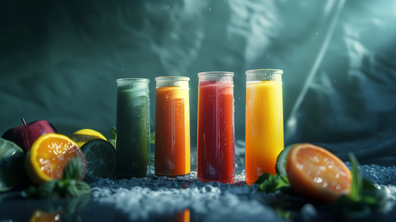 Four bottles of freshly squeezed juice in varying colors, placed side by side against a moody, dark background with fresh fruits around them.