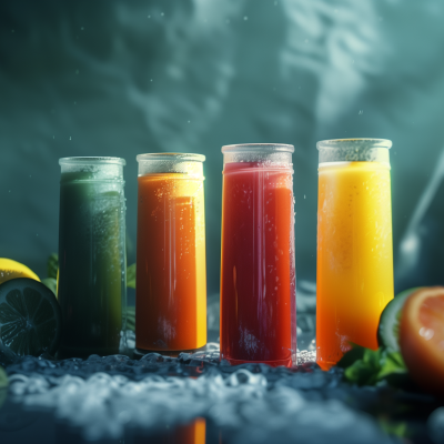 Four bottles of freshly squeezed juice in varying colors, placed side by side against a moody, dark background with fresh fruits around them.